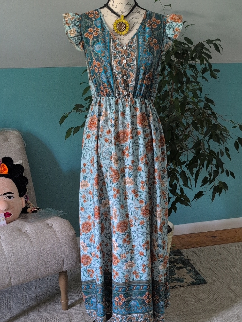 Source Unknown Sky Blue and Peach Floral Maxi Dress with Border Print